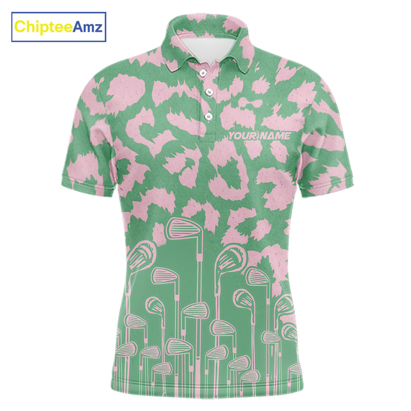 Mens Leopard Pattern Golf Polo Shirts Custom Green Pink Golf Clubs Pattern Attire, Golf Upf Shirts NYN3000