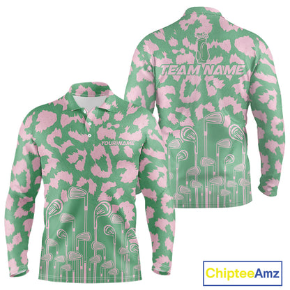 Mens Leopard Pattern Golf Polo Shirts Custom Green Pink Golf Clubs Pattern Attire, Golf Upf Shirts NYN3000