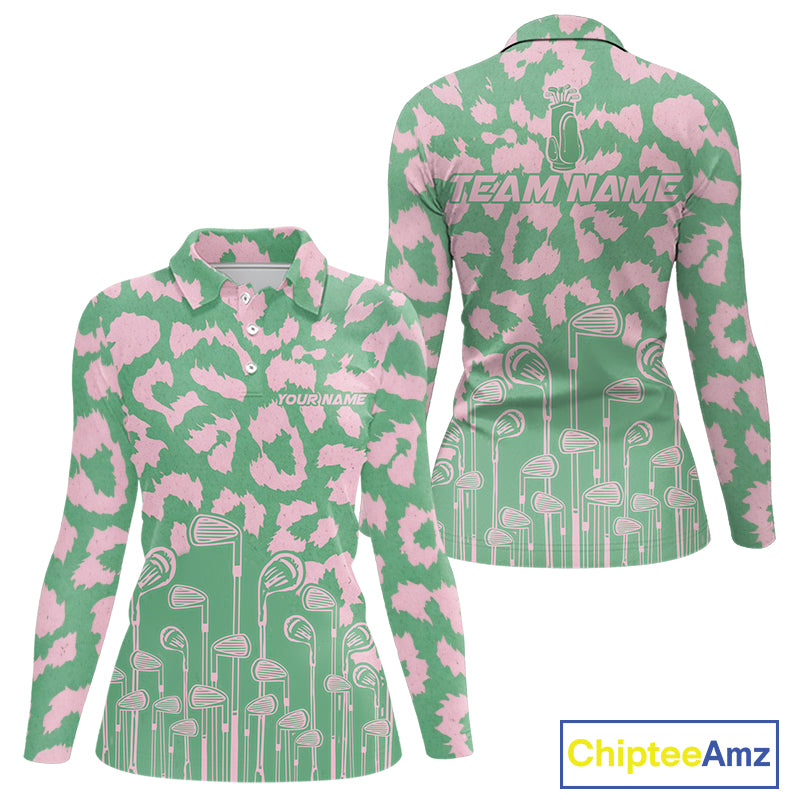 Womens Leopard Pattern Golf Polo Shirts Custom Green Pink Golf Clubs Pattern Attire, Golf Upf Shirts NYN3000