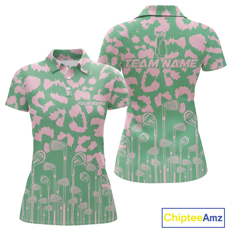 Womens Leopard Pattern Golf Polo Shirts Custom Green Pink Golf Clubs Pattern Attire, Golf Upf Shirts NYN3000