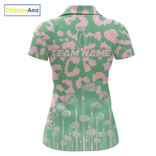 Load image into Gallery viewer, Womens Leopard Pattern Golf Polo Shirts Custom Green Pink Golf Clubs Pattern Attire, Golf Upf Shirts NYN3000