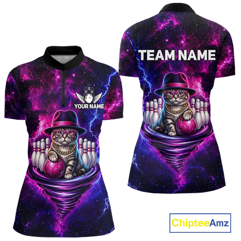 Cool Cat Galaxy Tornado Bowling Polo Quarter Zip Shirt For Women Custom Bowling Team Jersey