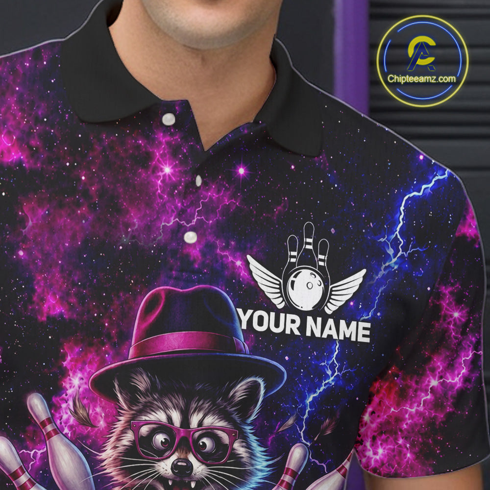 Raccoon Funny Bowling Polo 1/4-Zip Shirts For Men Custom Galaxy Tornado Bowling Team Jerseys NYN3413