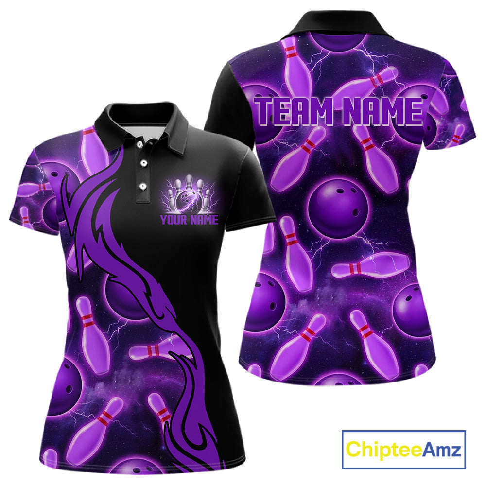 Purple Thunder Bowling Ball And Pins Shirt For Women Custom Bowling Team Jersey