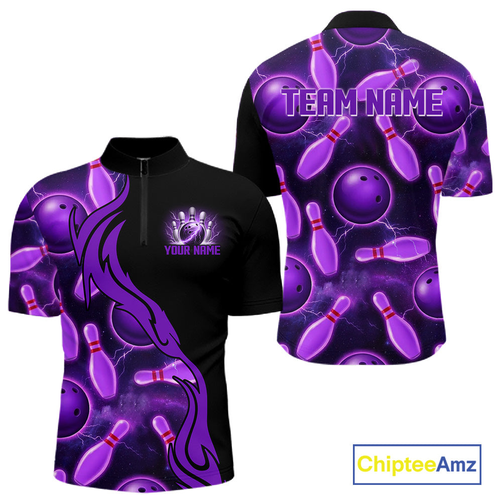 Purple Thunder Bowling Ball And Pins Shirt For Men Custom Bowling Team Jersey