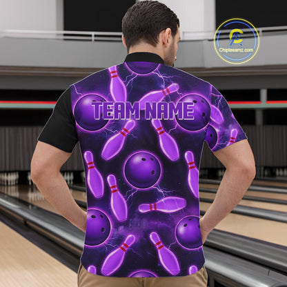 Purple Thunder Custom Mens Bowling Ball & Pin Shirts, Bowling Team Jerseys For Bowlers NYN3418