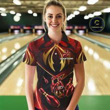 Load image into Gallery viewer, Female bowler wearing red gold lightning bowling jersey during tournament competition, personalized athletic apparel symbolizing confidence, determination and success.