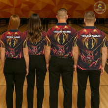 Load image into Gallery viewer, Bowling team wearing matching red gold lightning jerseys during tournament finals, representing unity, teamwork, momentum, resilience and victory.