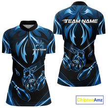 Load image into Gallery viewer, Women's quarter-zip bowling jersey featuring electric blue lightning artwork, premium performance apparel for bowling clubs and tournaments, representing balance, consistency and excellence