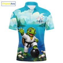 Load image into Gallery viewer, Men's bowling polo featuring funny ocean turtle with bowling graphics, personalized bowling apparel for sea turtle lovers, scuba divers, beach lovers and marine wildlife enthusiasts, symbolizing wisdom, longevity, patience and perseverance.