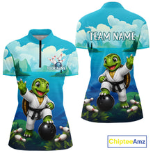 Load image into Gallery viewer, Women's quarter-zip bowling jersey featuring sea turtle artwork, premium bowling apparel for tournaments and bowling clubs, symbolizing peace, endurance and personal growth.