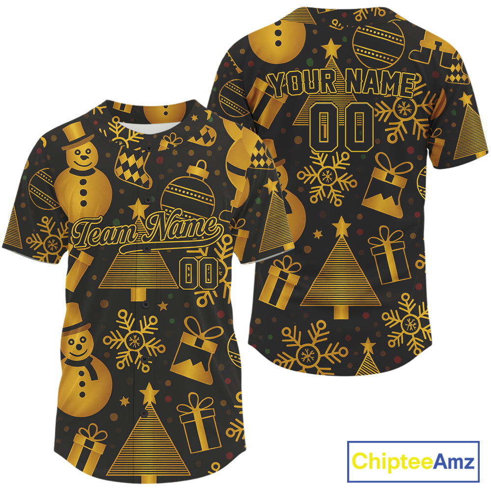 Custom Black & Gold Funny Christmas Baseball Shirt For Men Xmas Baseball Jerseys NYN1573