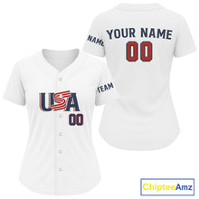 Load image into Gallery viewer, Custom Blue Red USA Flag Patriotic Baseball Shirt White Baseball Jerseys For Women NYN1578