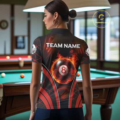 Red Flames Pool 8 Ball Women Billiard Polo & 1/4-Zip Shirts Custom Billiard Team Shirt Designs NYN2404