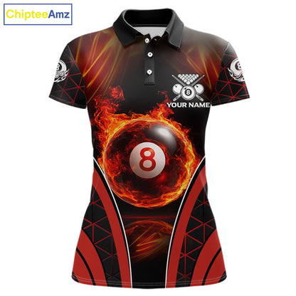 Red Flames Pool 8 Ball Women Billiard Polo & 1/4-Zip Shirts Custom Billiard Team Shirt Designs NYN2404