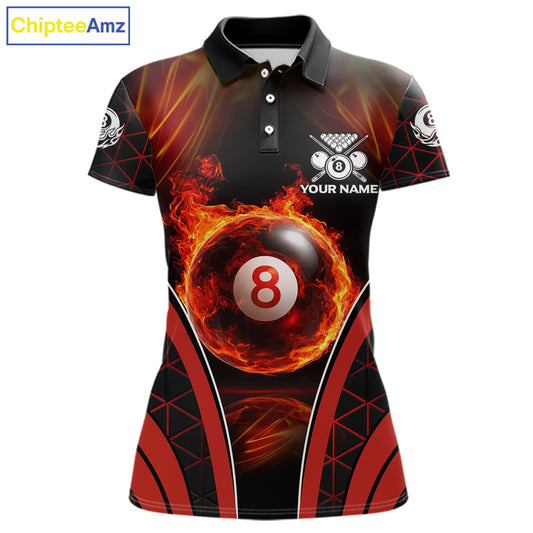 Red Flames Pool 8 Ball Women Billiard Polo & 1/4-Zip Shirts Custom Billiard Team Shirt Designs NYN2404