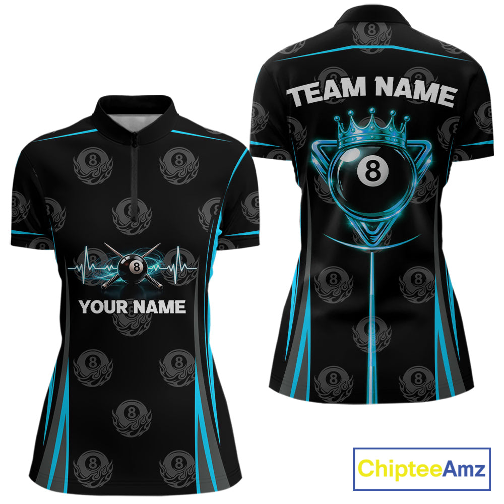 Black & Blue Crown 8 Ball Pool Billiard Apparel For Women Custom Billiard Team Shirt Designs NYN2407