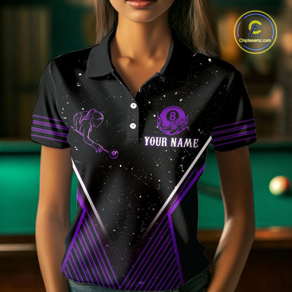 Purple Flames Smoke 8 Ball Pool Women Billiard Polo & 1/4-Zip Attire Custom Billiard Shirt Designs NYN2409
