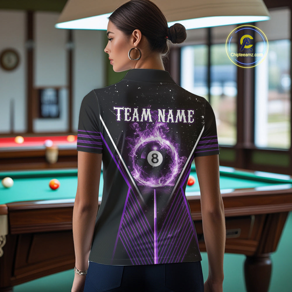 Purple Flames Smoke 8 Ball Pool Women Billiard Polo & 1/4-Zip Attire Custom Billiard Shirt Designs NYN2409