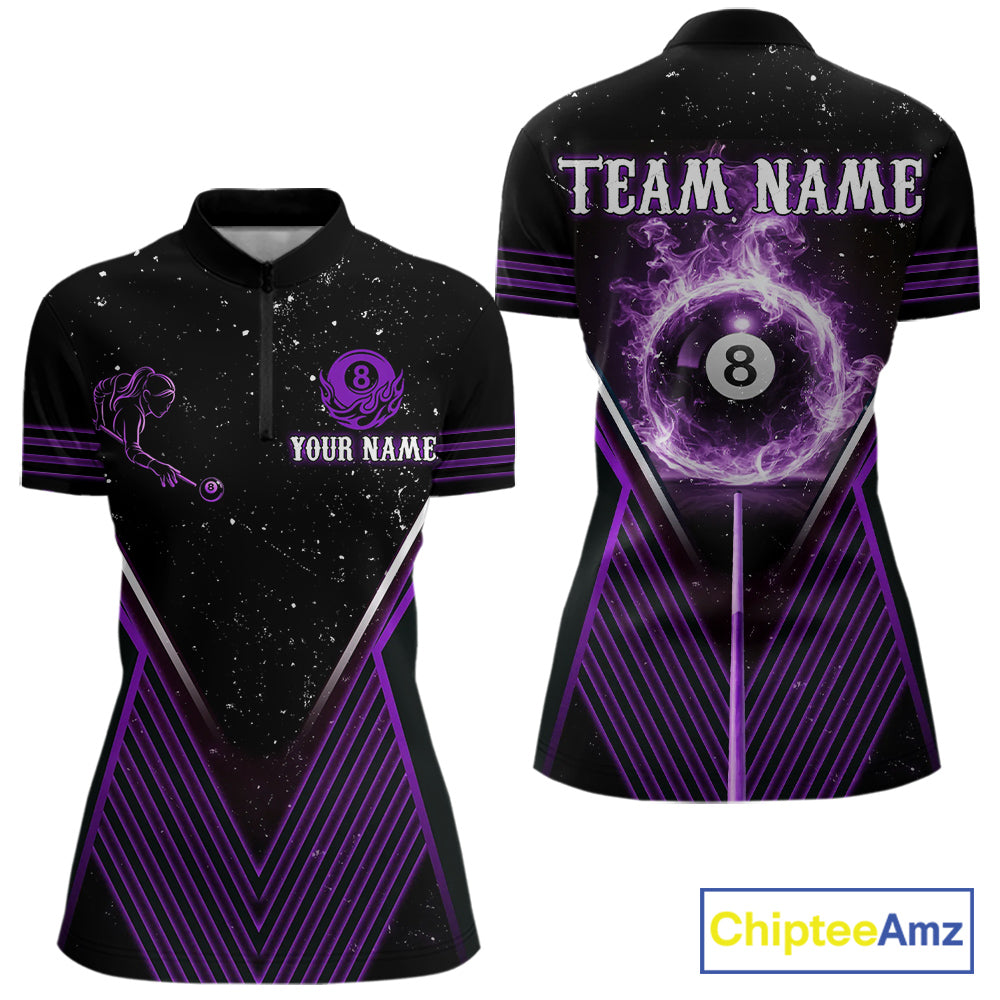 Purple Flames Smoke 8 Ball Pool Women Billiard Polo & 1/4-Zip Attire Custom Billiard Shirt Designs NYN2409