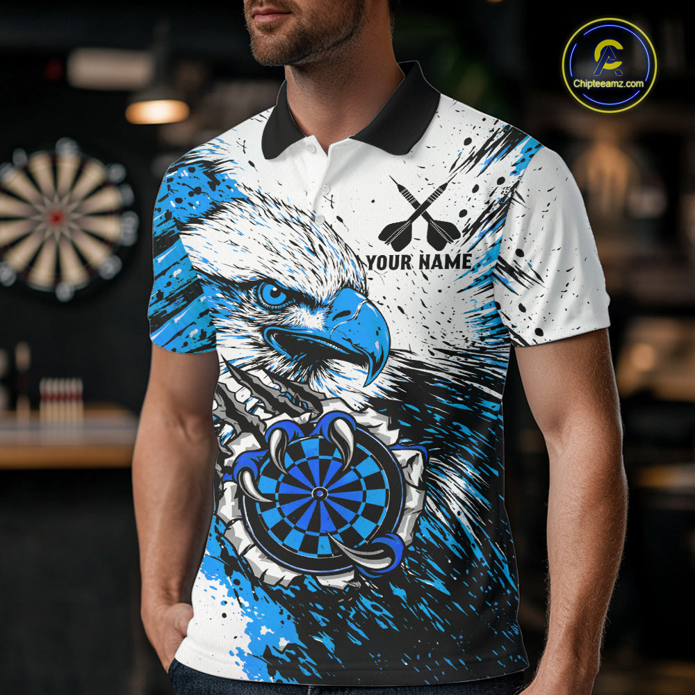 Custom Blue Grunge Eagle Scratch Dartboard Men Darts Polo & 1/4-Zip Shirts Dart Team Jerseys NYN2797