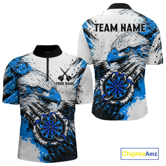 Custom Blue Grunge Eagle Scratch Dartboard Men Darts Polo & 1/4-Zip Shirts Dart Team Jerseys NYN2797