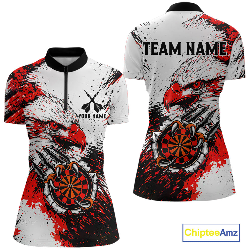 Custom Red Grunge Eagle Scratch Dartboard Women Darts Polo & 1/4-Zip Shirts Dart Team Jerseys NYN2798