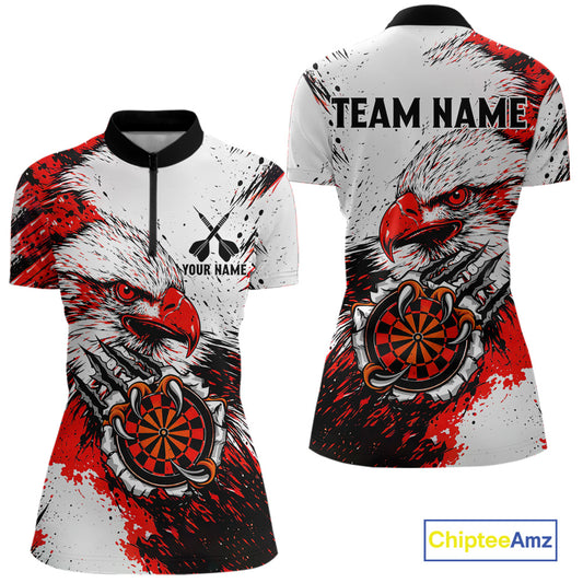Custom Red Grunge Eagle Scratch Dartboard Women Darts Polo & 1/4-Zip Shirts Dart Team Jerseys NYN2798