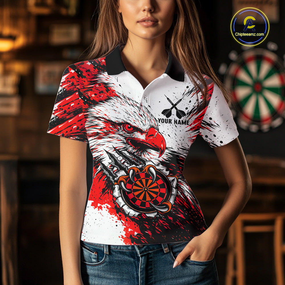 Custom Red Grunge Eagle Scratch Dartboard Women Darts Polo & 1/4-Zip Shirts Dart Team Jerseys NYN2798