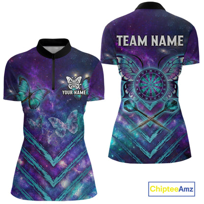 Blue Purple Galaxy Darts Polo & 1/4-Zip Shirt For Women Personalized Butterfly Dart Team Appeal NYN3010