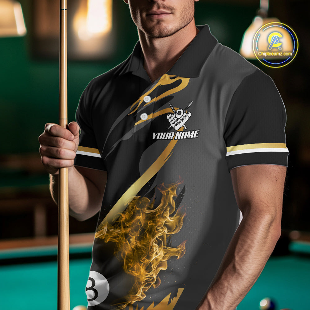 Yellow & Black Fire Flame 8 Ball Pool Billiard Shirt For Men Personalized Billiard Team Attire NYN3427