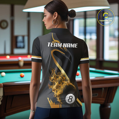Yellow & Black Fire Flame 8 Ball Pool Billiard Shirt For Women Personalized Billiard Team Attire NYN3427