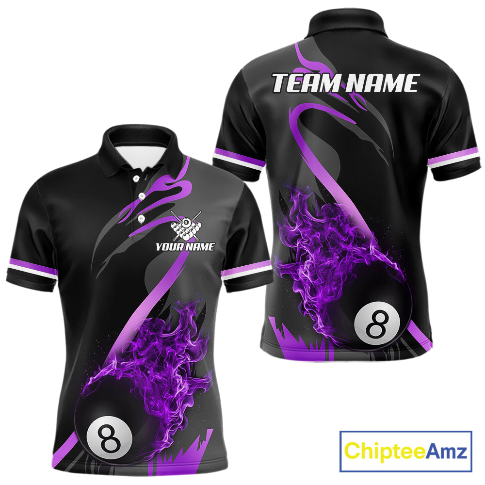 Purple Black Fire Flame 8 Ball Pool Shirt For Men Personalized Billiard Team Apparel