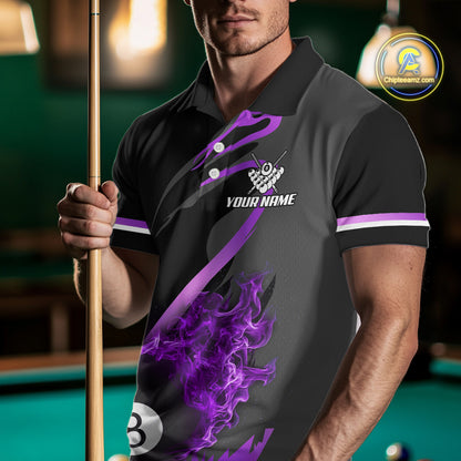 Purple & Black Fire Flame 8 Ball Pool Billiard Shirt For Men Personalized Billiard Team Attire NYN3428