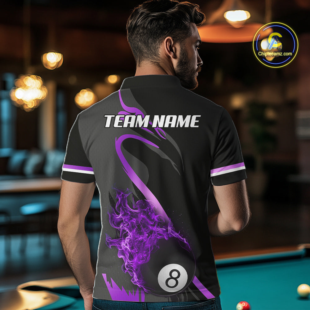 Purple & Black Fire Flame 8 Ball Pool Billiard Shirt For Men Personalized Billiard Team Attire NYN3428