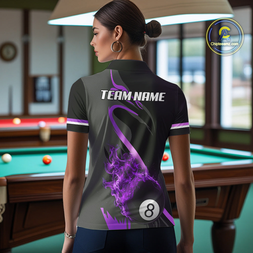 Purple & Black Fire Flame 8 Ball Pool Billiard Shirt For Women Personalized Billiard Team Attire NYN3428