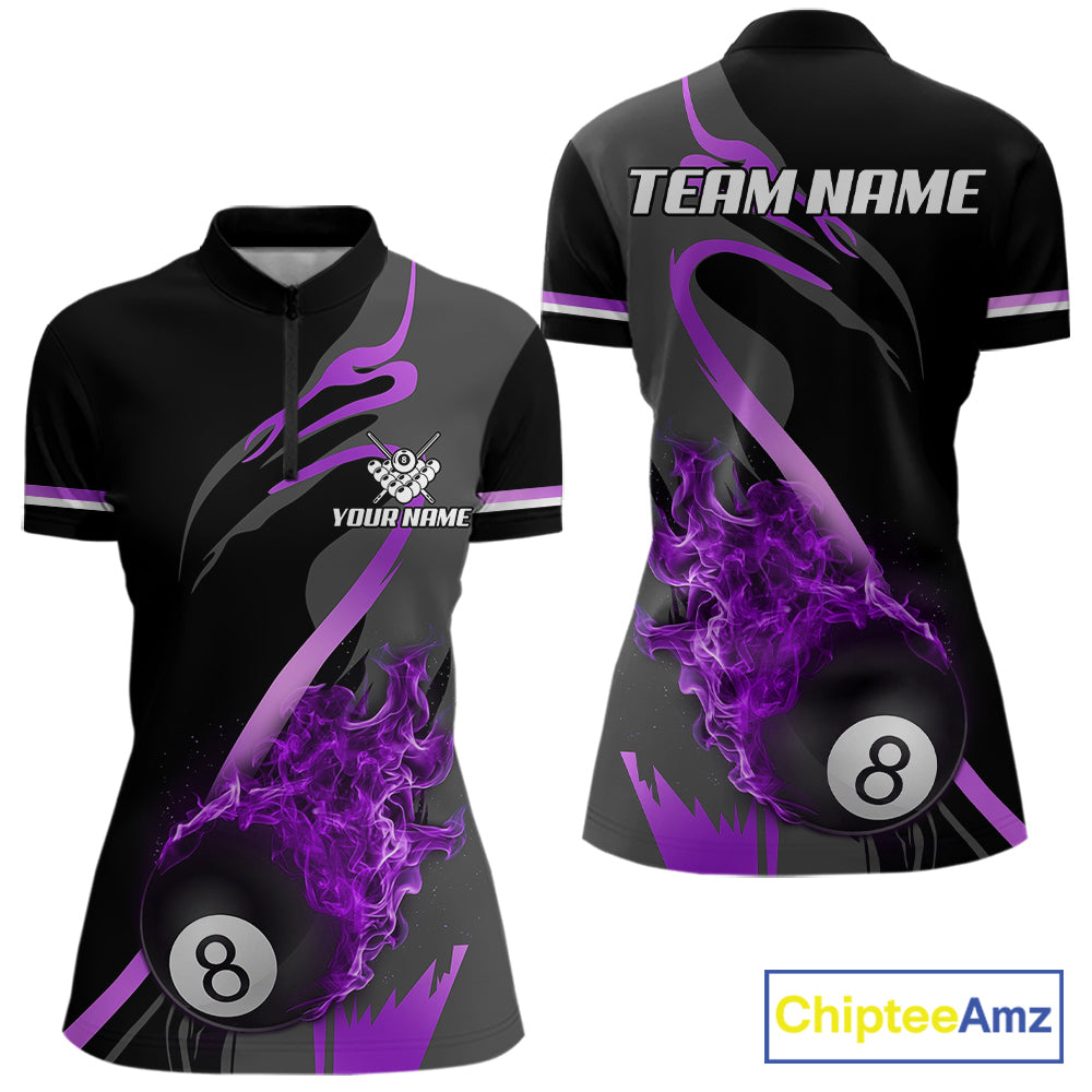 Purple Black Fire Flame 8 Ball Pool Shirt For Women Personalized Billiard Team Apparel