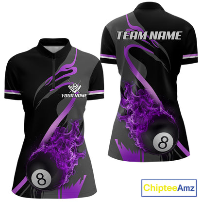 Purple Black Fire Flame 8 Ball Pool Shirt For Women Personalized Billiard Team Apparel