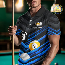 Load image into Gallery viewer, Male model wearing Black Blue billiard tournament polo, custom pool team jersey, 8 Ball 9 Ball cue sports apparel, bar league championship uniform