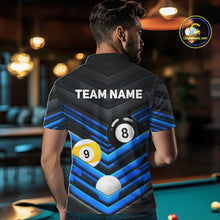 Load image into Gallery viewer, Male model wearing Black Blue billiard tournament polo, custom pool team jersey, 8 Ball 9 Ball cue sports apparel, bar league championship uniform