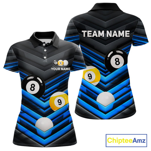 Black Blue 8 Ball & 9 Ball women's billiard tournament polo shirt, custom pool jersey, cue sports apparel, league uniform, championship team clothing