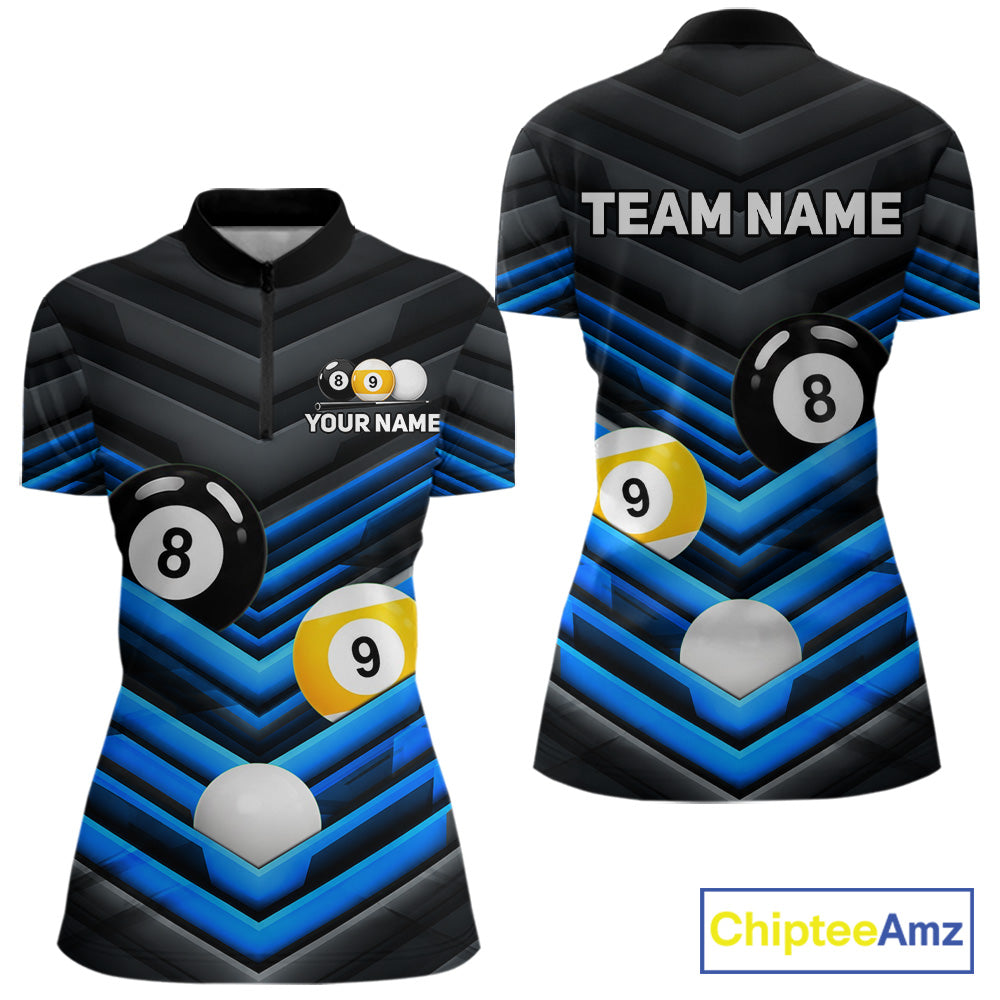 Women's Black Blue quarter zip pool jersey with 8 Ball 9 Ball design, custom billiard tournament shirt, professional cue sports apparel