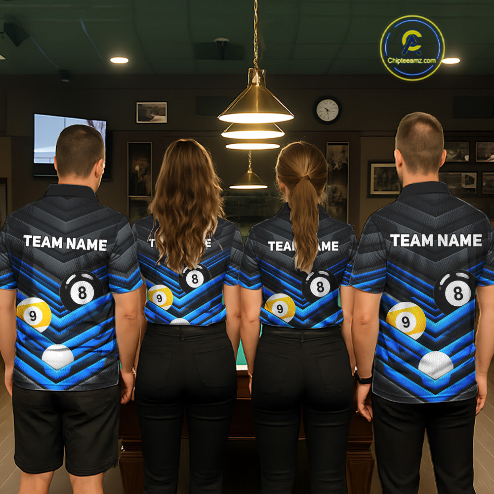Black Blue matching billiard tournament jerseys for pool teams, custom 8 Ball 9 Ball uniforms, cue sports apparel for championship