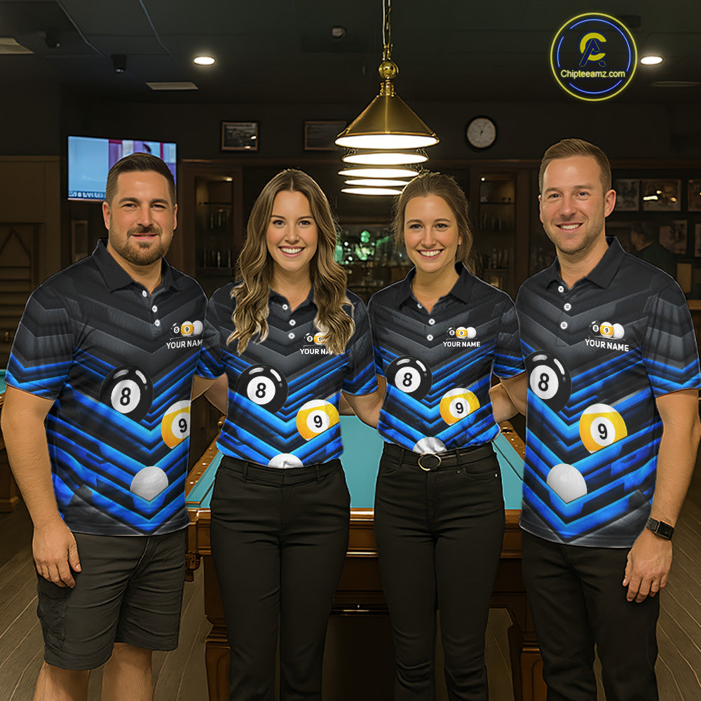 Black Blue matching billiard tournament jerseys for pool teams, custom 8 Ball 9 Ball uniforms, cue sports apparel for championship
