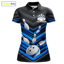 Load image into Gallery viewer, Black and Blue women's bowling polo shirt featuring modern bowling ball graphics, custom bowling team jersey, personalized league uniform, moisture-wicking performance apparel, USBC tournament shirt, championship bowling outfit, athletic team polo, strike game apparel