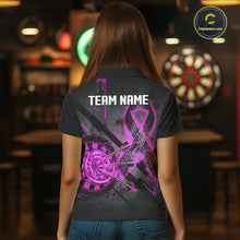 Load image into Gallery viewer, Female model wearing Lightning Pink Ribbon darts polo, custom awareness dart jersey, Breast Cancer fundraising apparel, personalized league tournament clothing, supportive athletic performance wear
