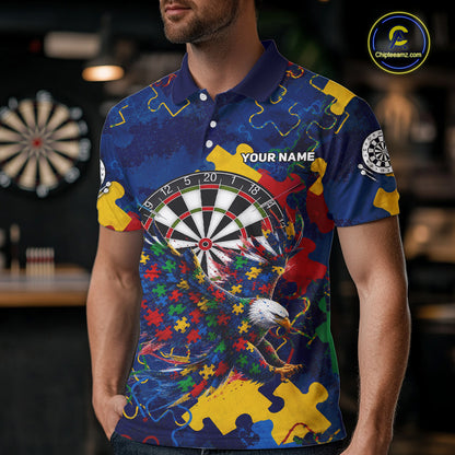 Male model wearing Personalized Eagle Puzzle darts polo, custom name tournament jersey, awareness-inspired league apparel, premium sportswear