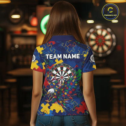 Female model wearing Personalized Eagle Puzzle women's darts polo, custom tournament jersey, personalized awareness athletic clothing, league performance apparel
