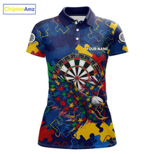 Load image into Gallery viewer, Personalized Eagle Puzzle Pieces women's darts polo featuring dartboard artwork, custom name jersey, autism awareness-inspired league apparel, personalized tournament performance clothing