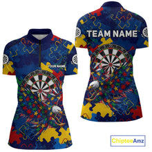Load image into Gallery viewer, Women's Eagle Puzzle Pieces quarter-zip darts jersey featuring personalized name, dartboard artwork, awareness tournament clothing, custom athletic performance apparel